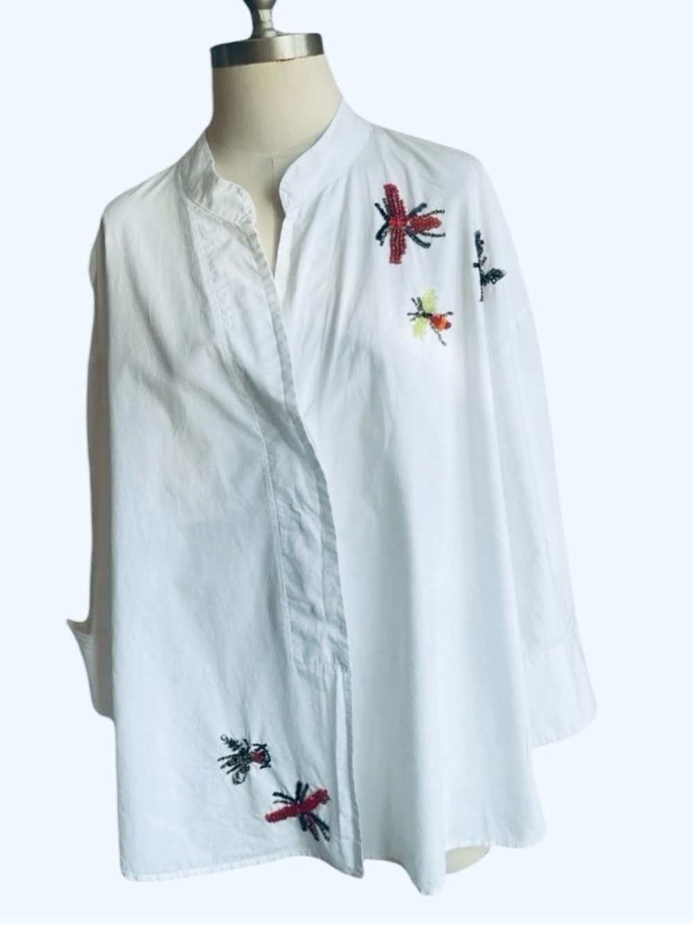 ZARA Jeweled Bug Blouse White Embroidered Oversized Smock Cotton Top Large NWT - Picture 5 of 10
